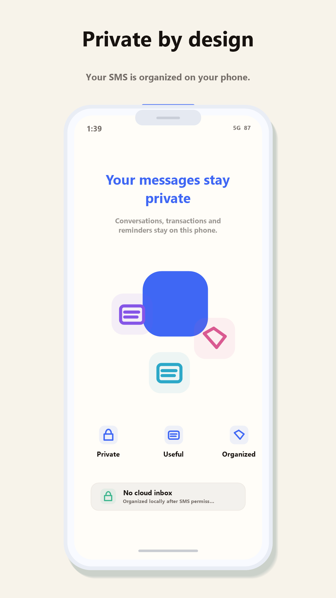 SMS Manager private-by-design setup screen